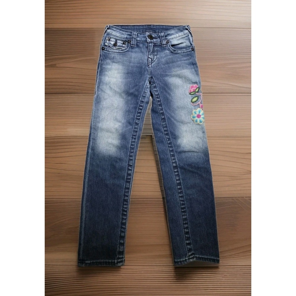 True Religion Straight Blue Jeans Denim Flap Pocket Girls 22x21 World Tour Misty
